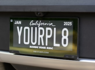 Close-up view of a car's rear license plate with a custom plate that reads 'YOURPL8'. The license plate is issued from California, valid until January 2025. The car's paint appears to be blue.